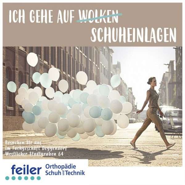 alt "Schuheinlagen Frau läuft mit Luftballons"